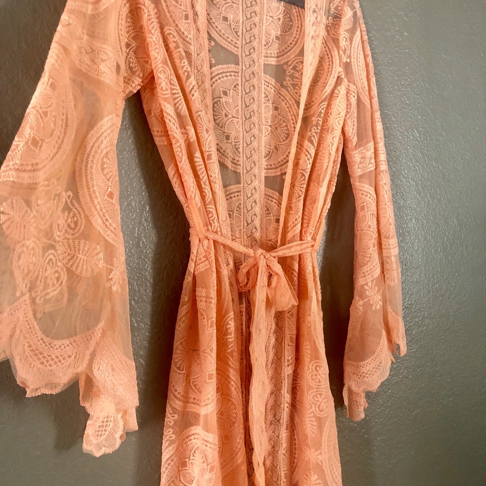 Boho style swim cover-up lace kimono peach